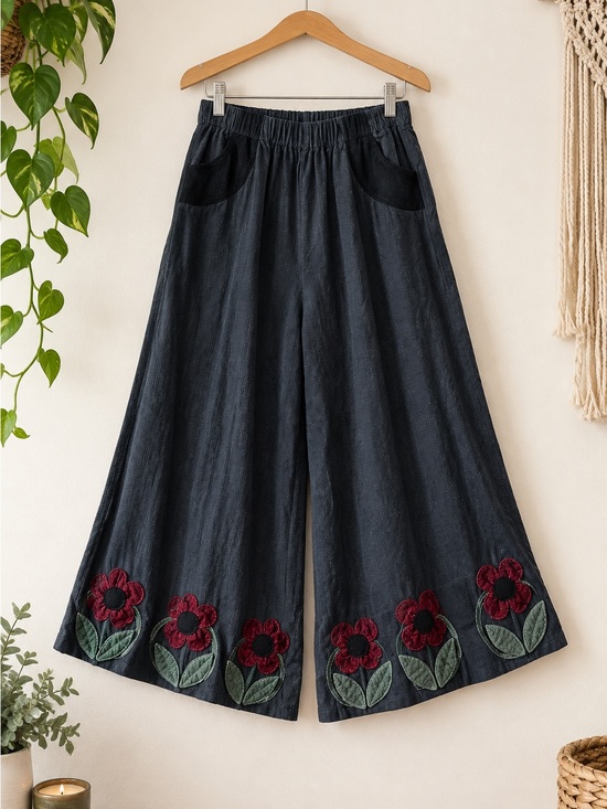 Handmade Pants - Handmade Women’s Wide-Leg Floral Embroidered Pants - Black
